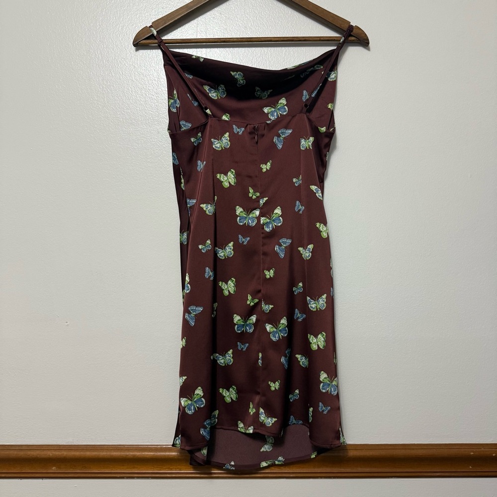 Urban Outfitters Mallory Butterfly Satin Cowl Neck Dress Size S Fairy Brown Y2K - Picture 2 of 10